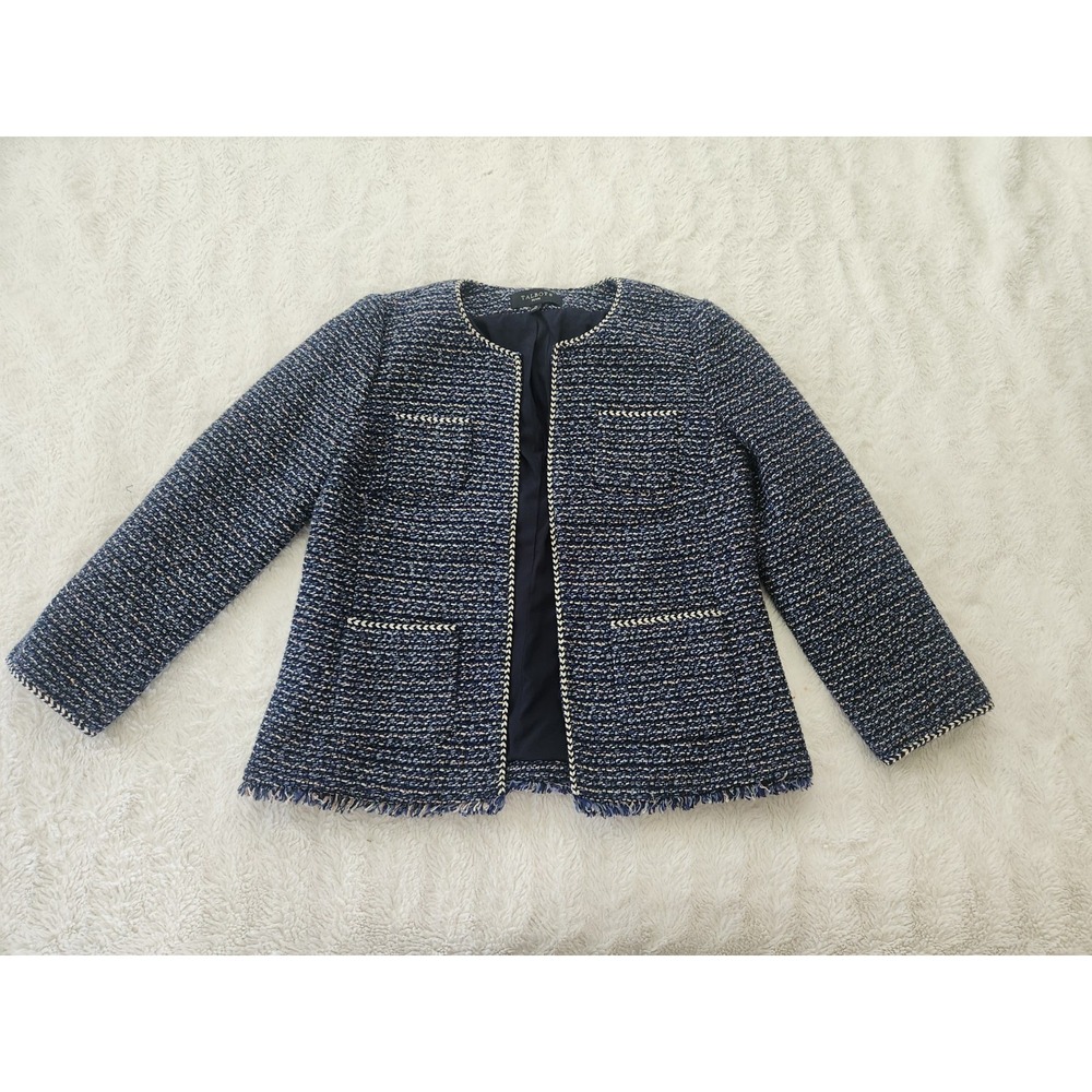 Talbots Petite 2P Blue Tweed Jacket Blazer Open Front Fringe Trim Career Chic